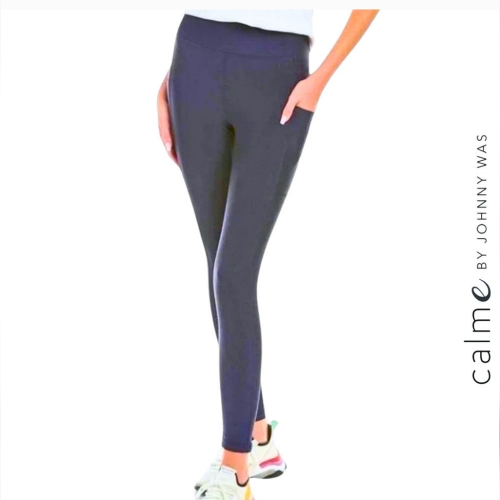 Calme by Johnny Was Endure high-waist leggings 7/8 with pocket Navy blue Sz XS